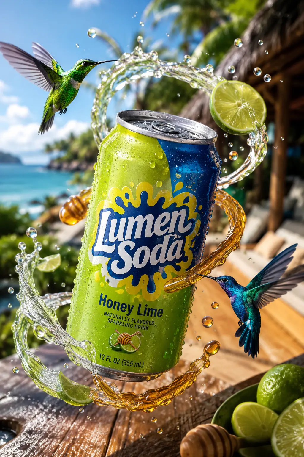 Lata de LumenSoda miel y lima con colibríes frente al mar tropical