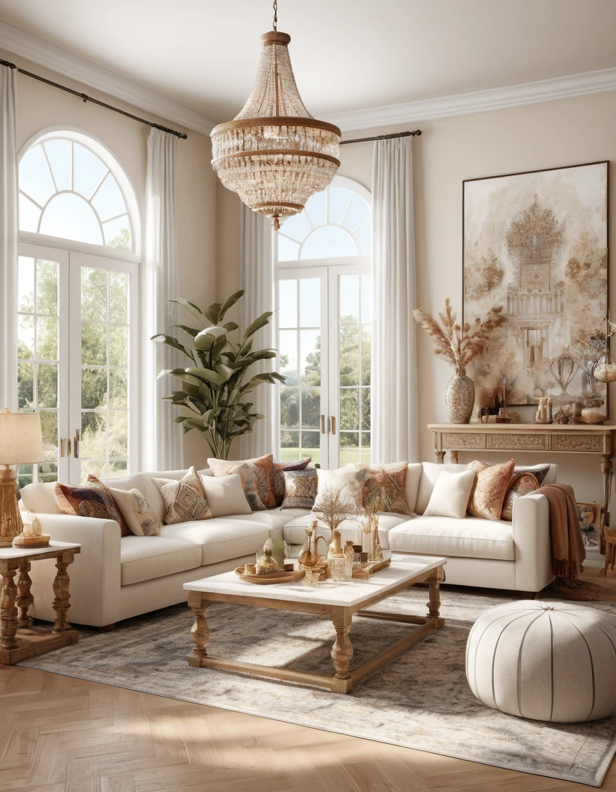 Elegantes Wohnzimmer im Boho-Stil als 3D-Rendering