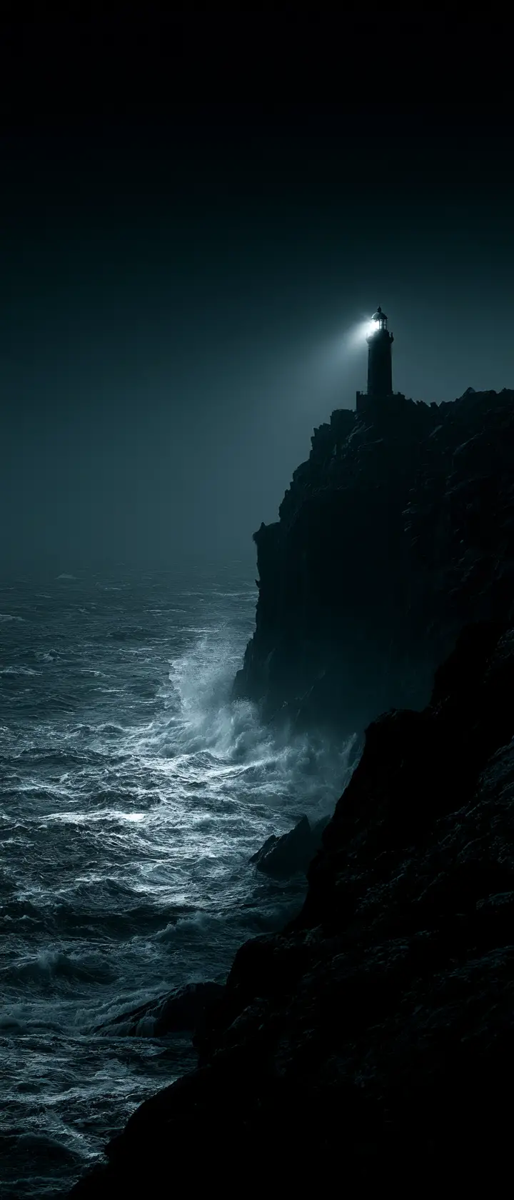 狂風暴雨下俯瞰黑暗海崖的孤獨燈塔