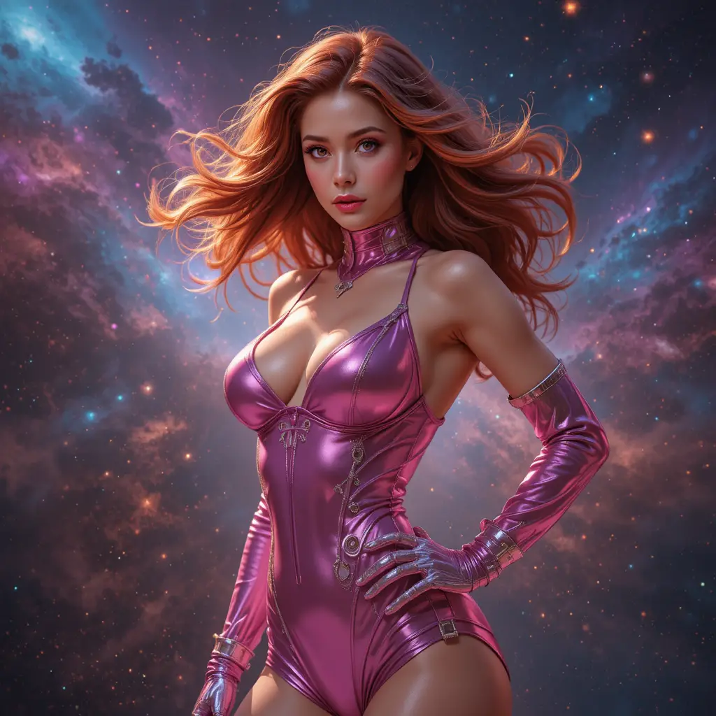 Femme glamour en combinaison spatiale rose posant devant une nébuleuse cosmique