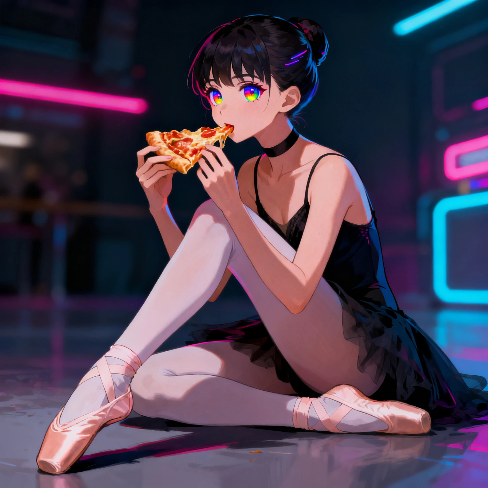 Bailarina na ponta dos pés saboreando calmamente uma fatia de pizza