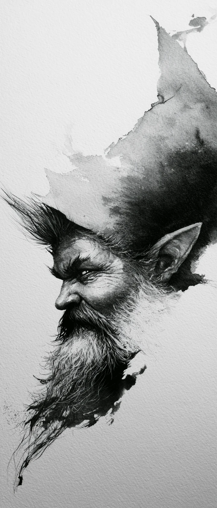 Portrait de profil à l’encre d’un gnome fantastique malicieux
