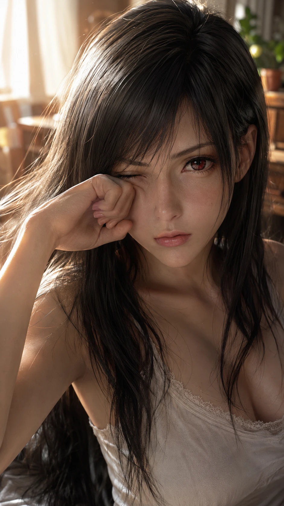 昏昏欲睡的女子在溫暖日照臥室裡眨眼特寫