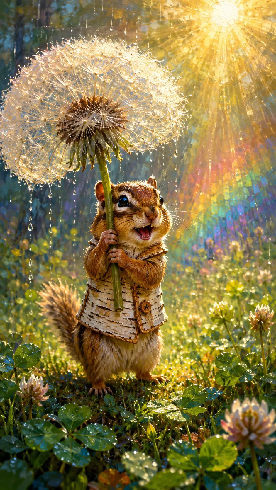 春雨中撐著蒲公英雨傘的開朗花栗鼠