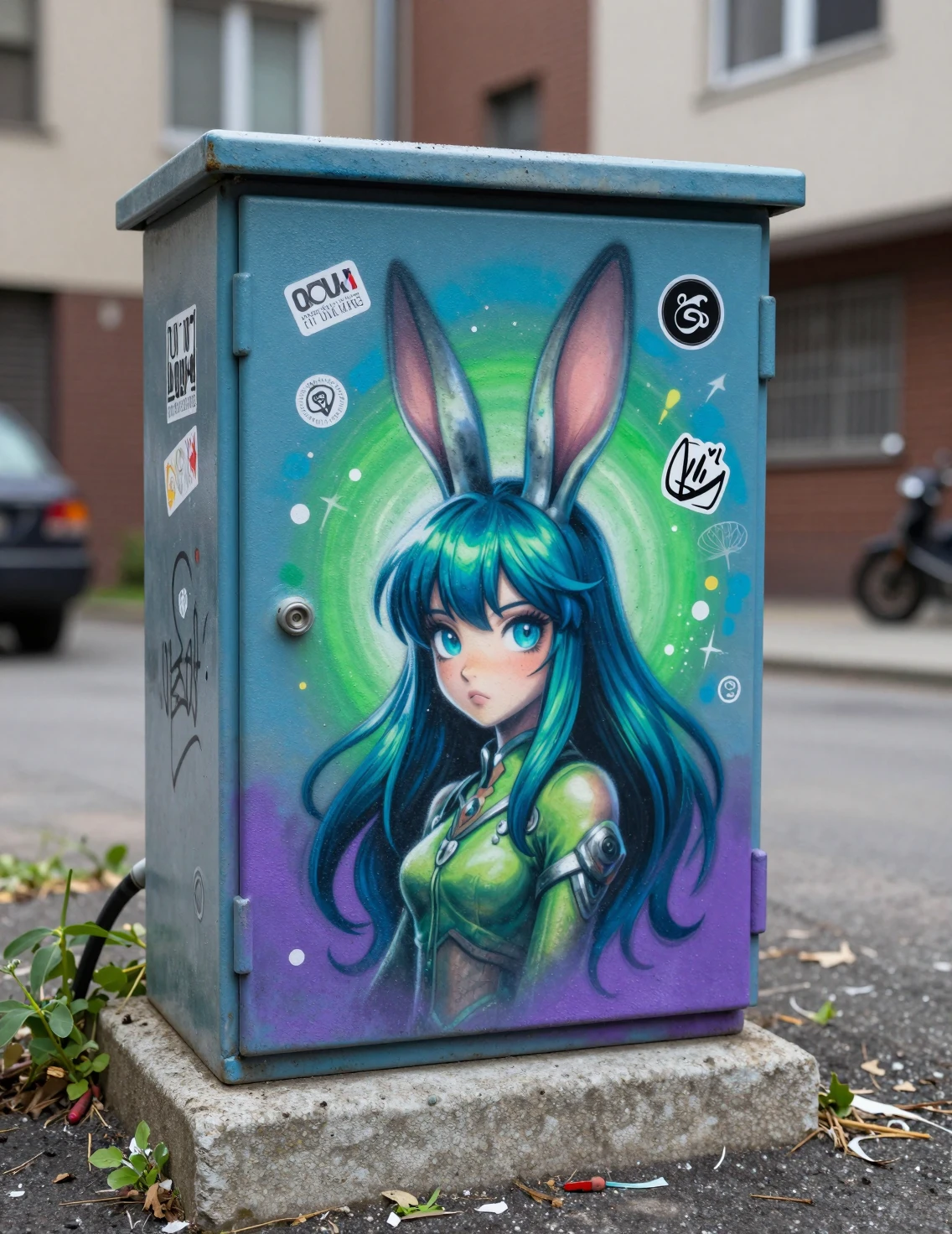 Mural de garota coelho de fantasia em uma antiga caixa de transformador da cidade
