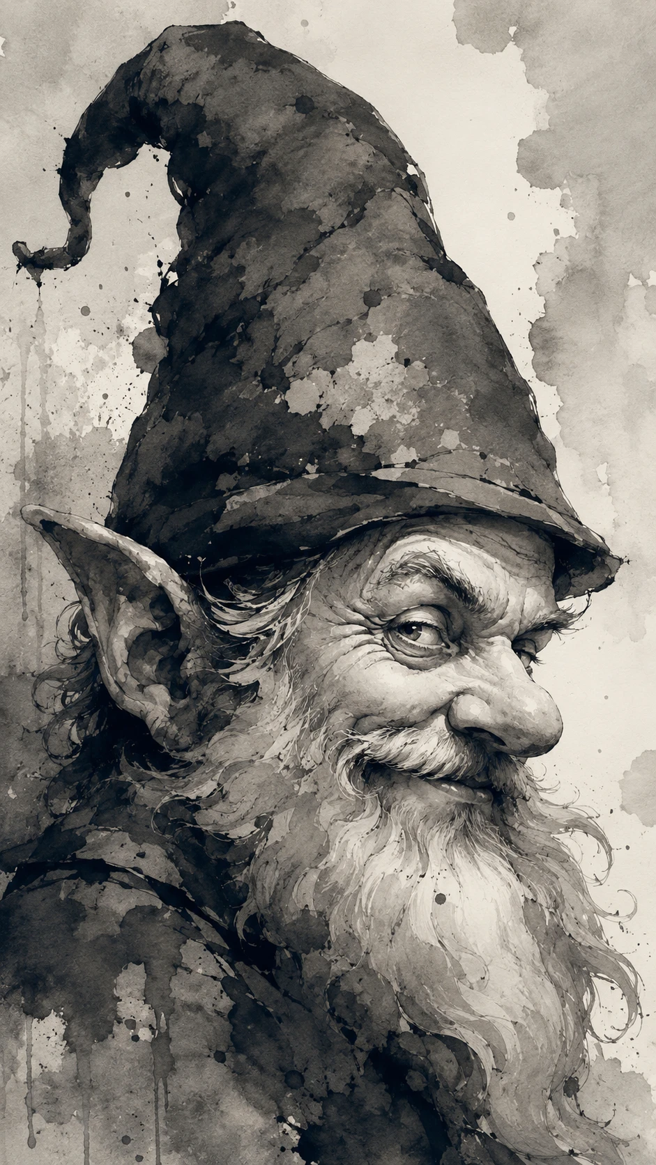 Portrait à l’encre, de profil, d’un gnome espiègle et fantaisiste