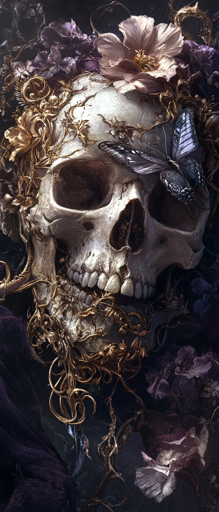 Calavera en descomposición con motivos florales marchitos sobre cojín de terciopelo
