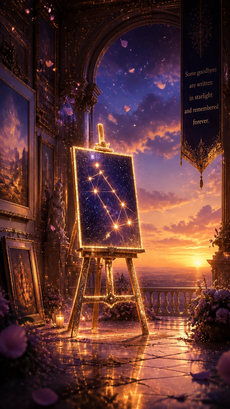 Chevalet lumineux dans une galerie au crépuscule remplie de poussière d’étoiles
