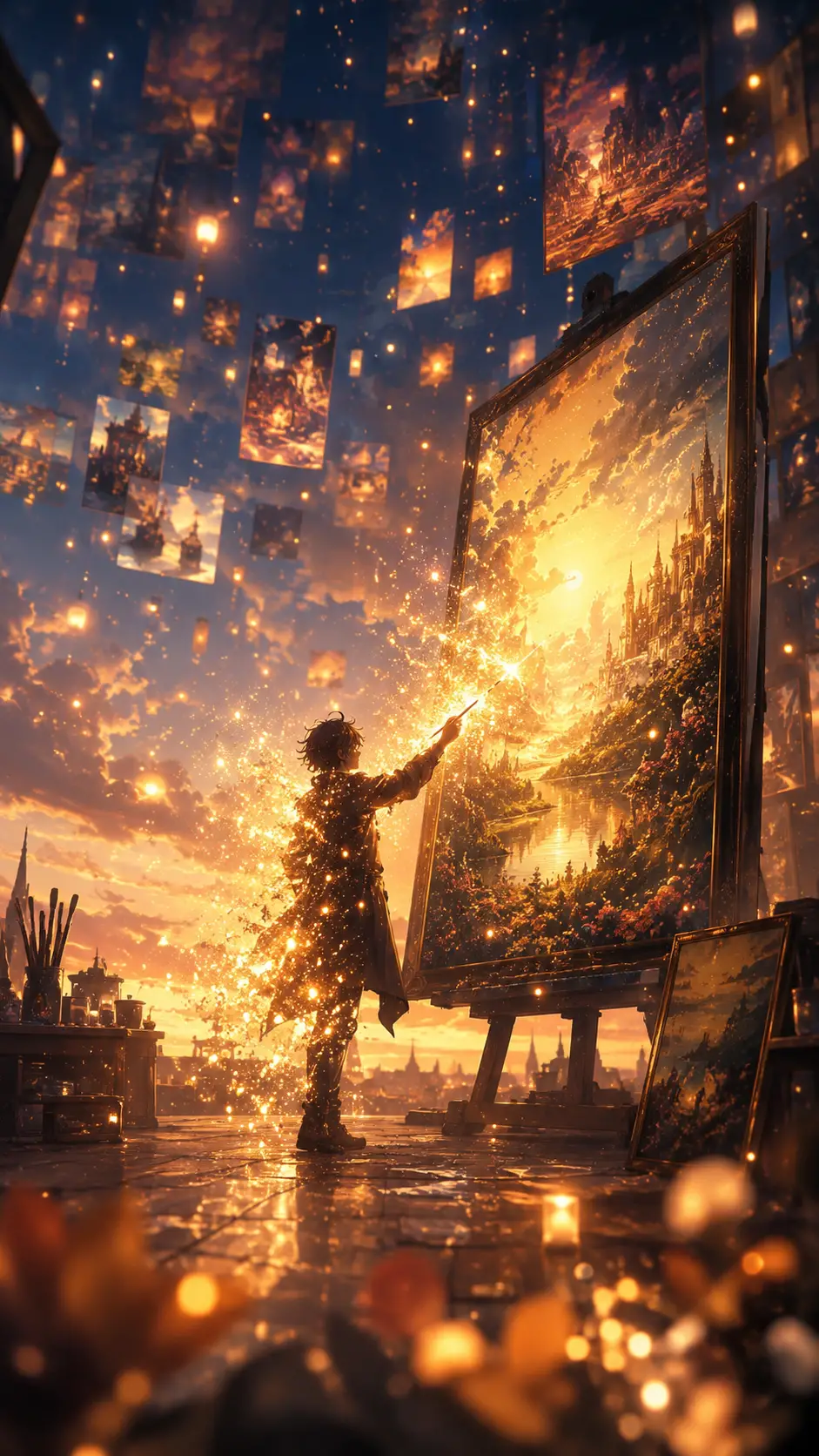 Silhouette di artista che si dissolve in una luce brillante sopra la tela
