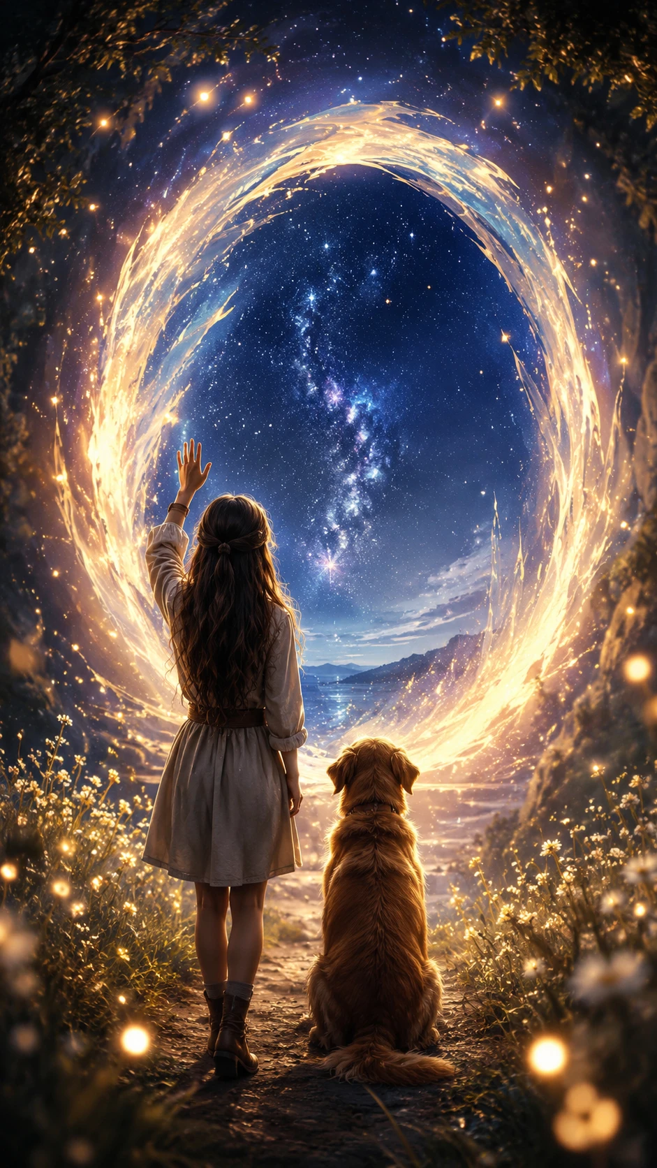 Portal brilhante se abrindo para um sereno céu noturno estrelado