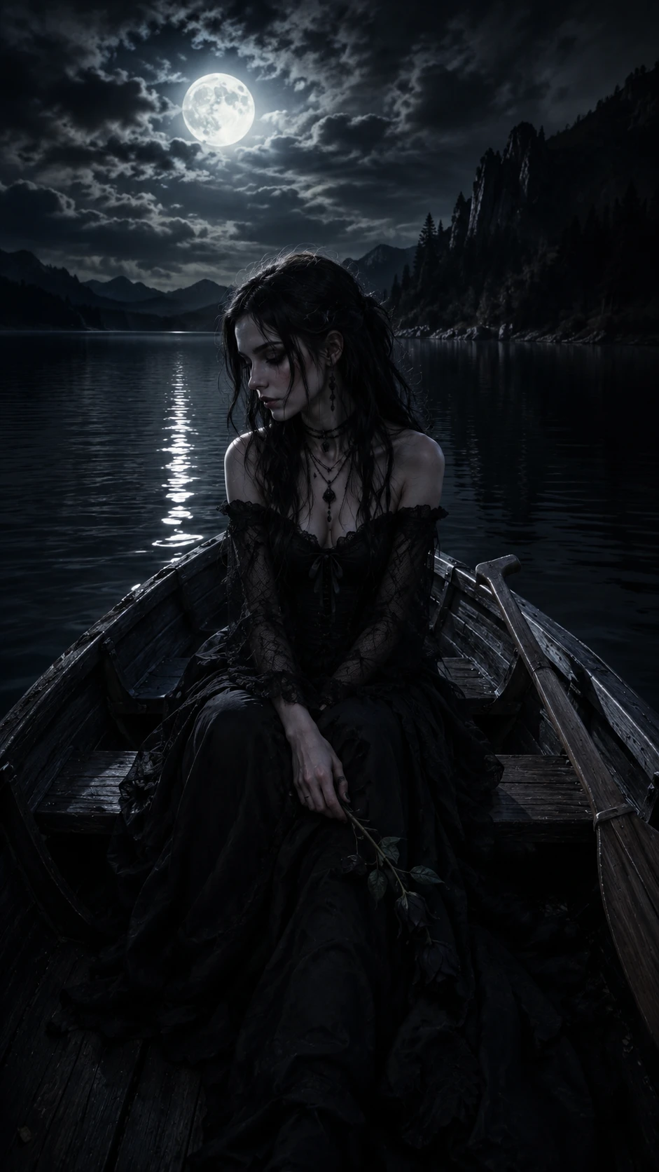 Femme gothique mélancolique seule dans une barque sur un lac éclairé par la lune