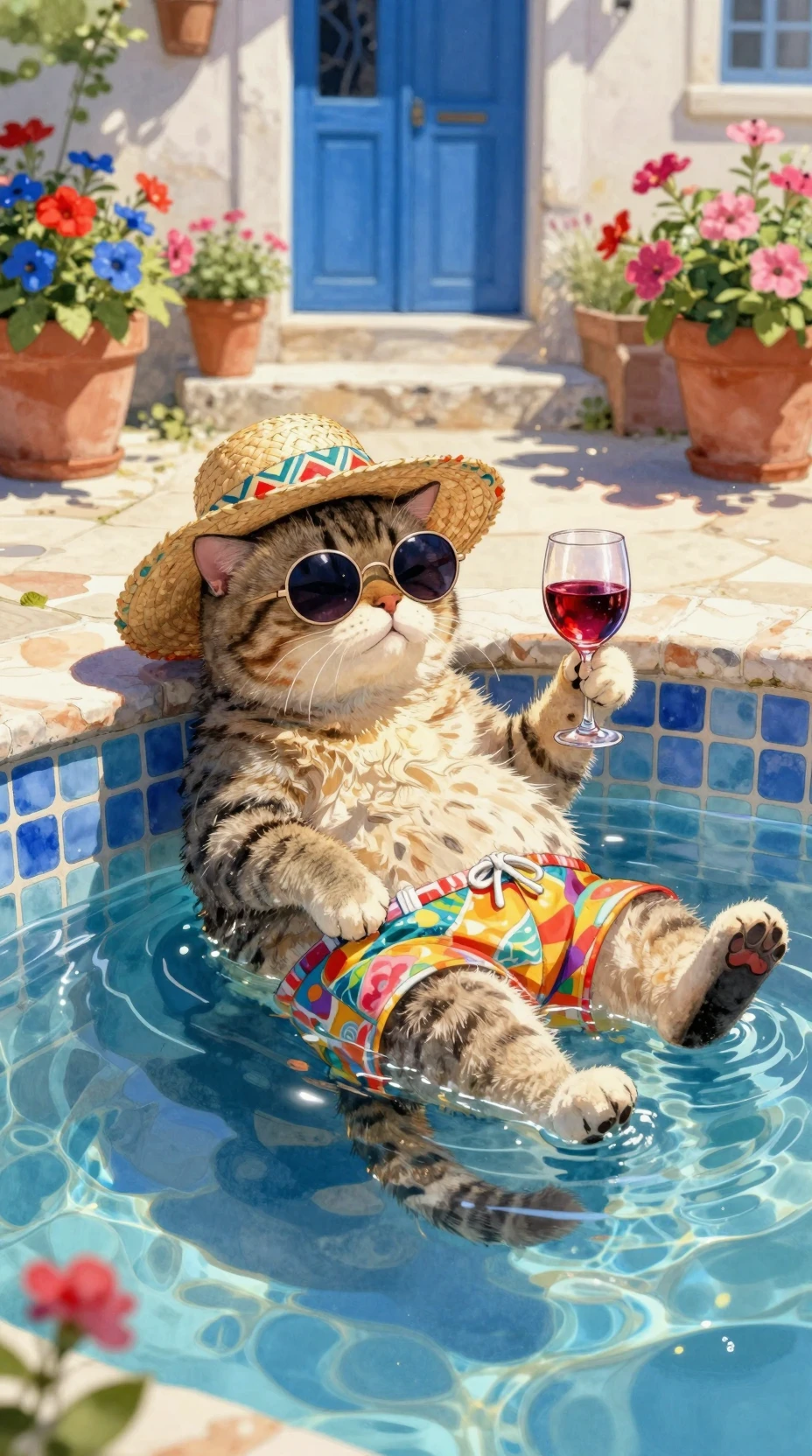 Aquarell-Tigerkatze entspannt am sonnigen Innenhof-Pool
