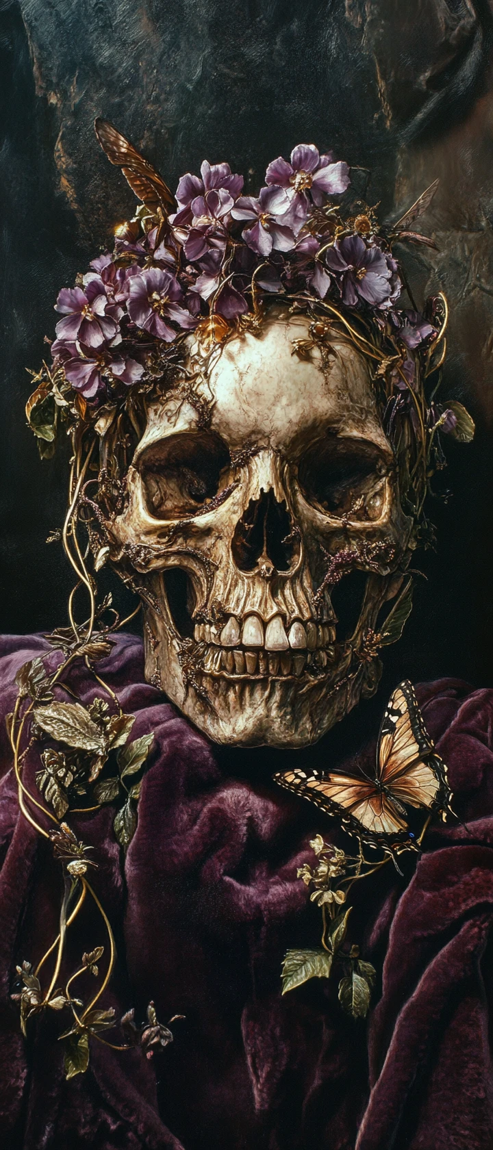 Caveira em decomposição com motivos florais murchos sobre almofada de veludo