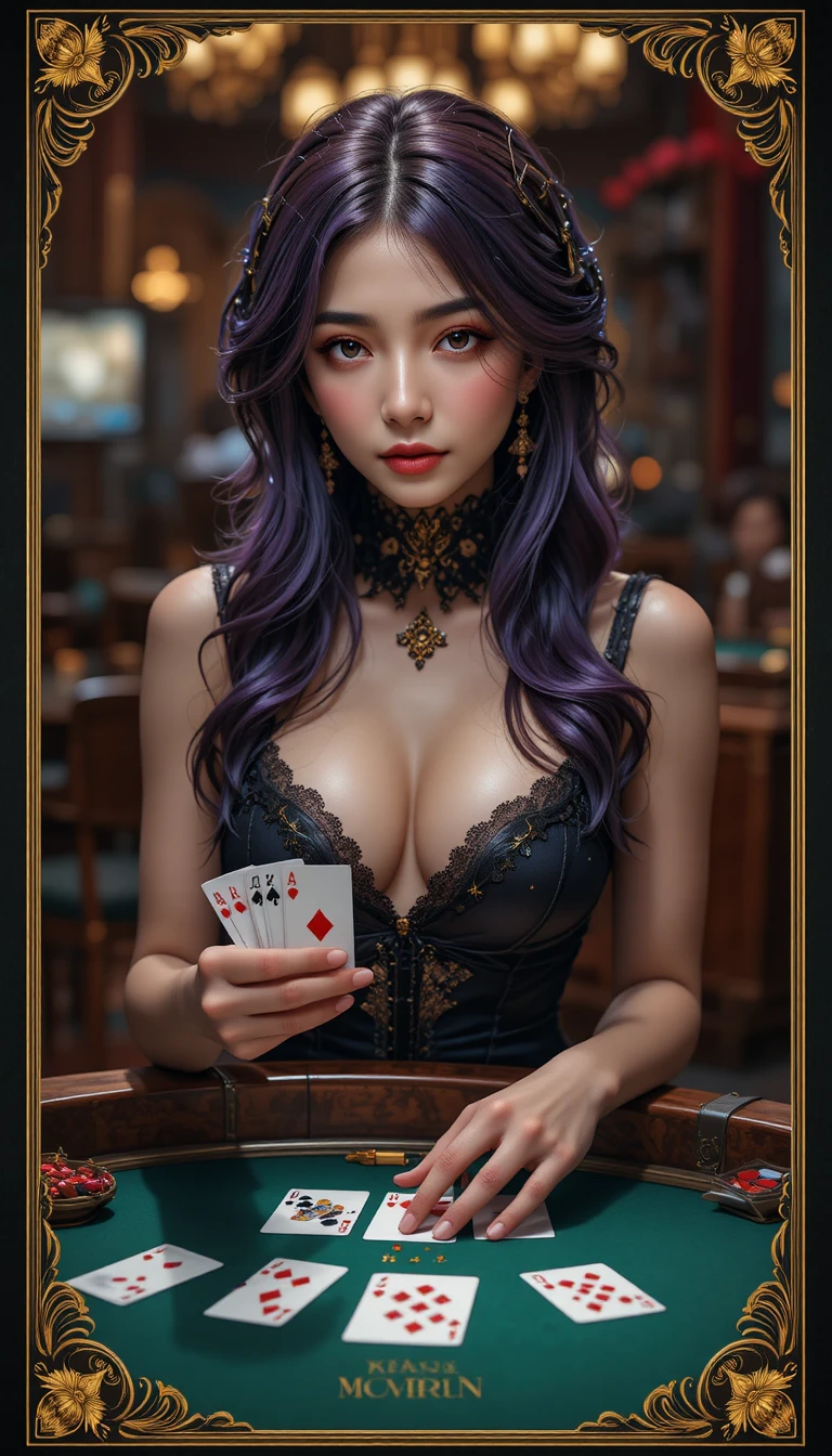 Ragazza croupier del casinò dai capelli viola che distribuisce carte di blackjack