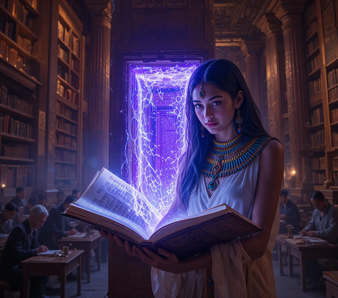 Feiticeira egípcia abre portal brilhante em biblioteca antiga