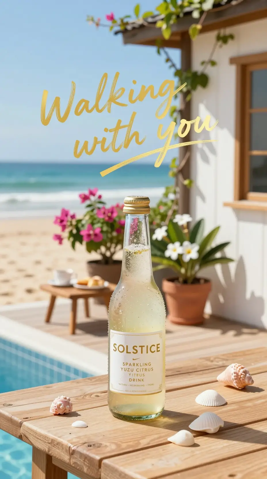 Botella de bebida burbujeante de yuzu sobre mesa junto a la piscina en la playa