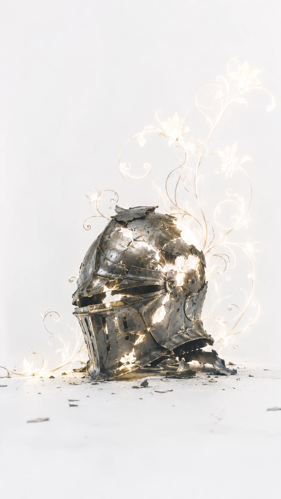 Casque de chevalier brisé illuminé d’une lumière florale éthérée