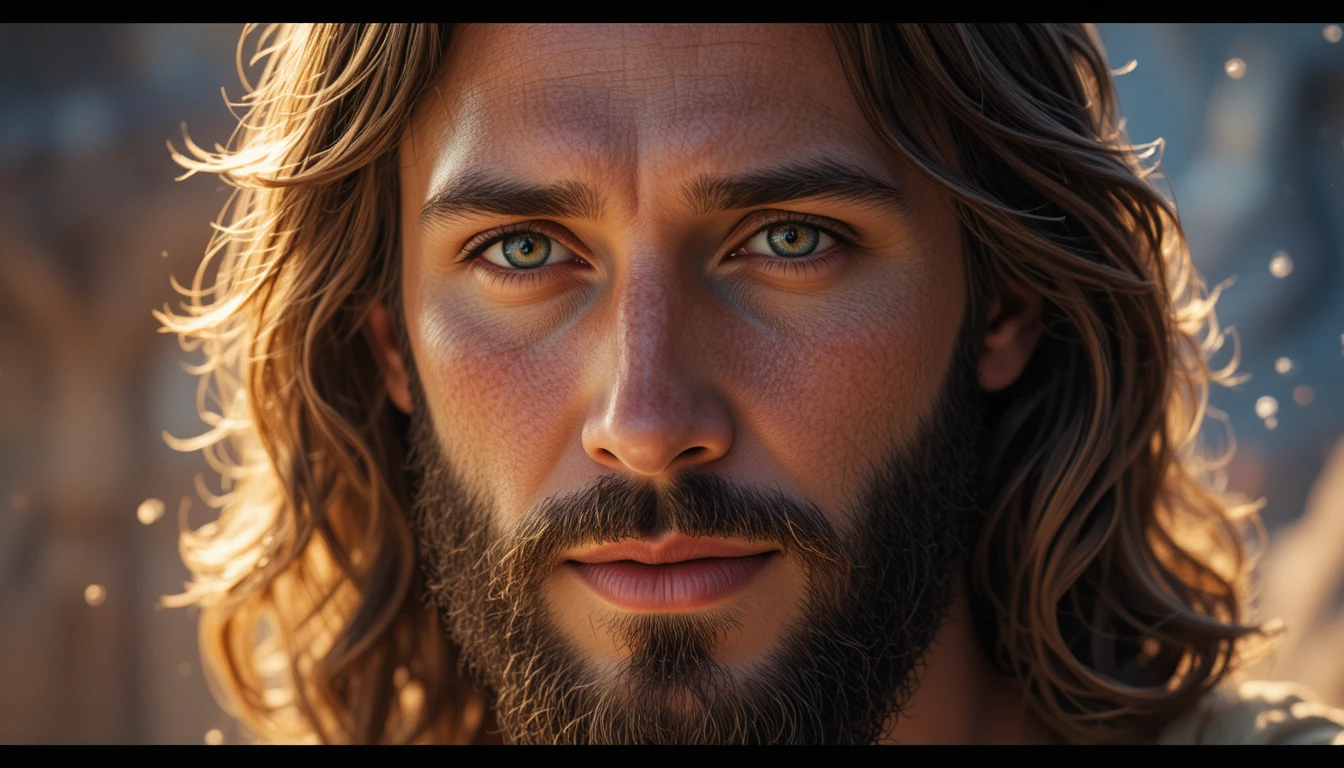 Portrait rapproché de Jésus avec un regard chaleureux et compatissant