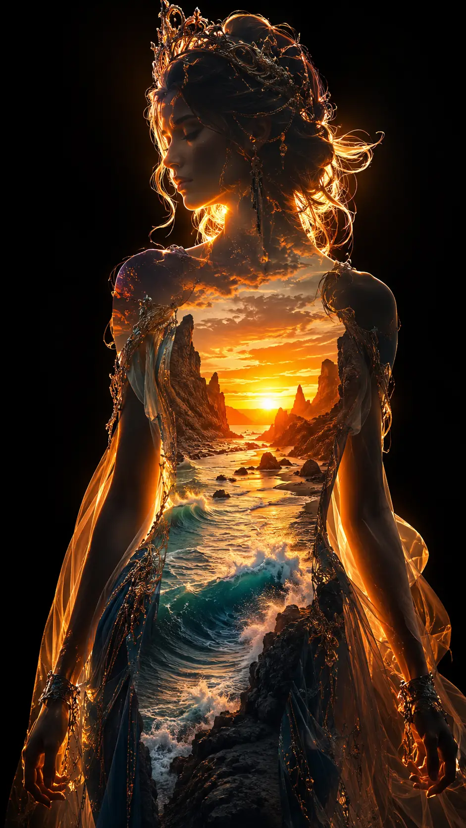 Celestial goddess silhouette filled with vivid sunset coast