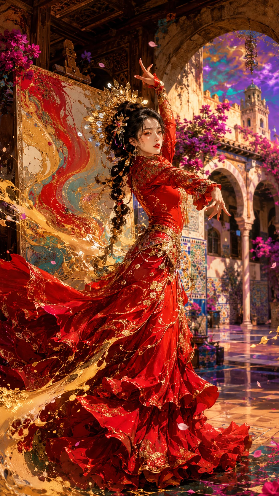 Elegante mujer anime en una pose de flamenco ardiente