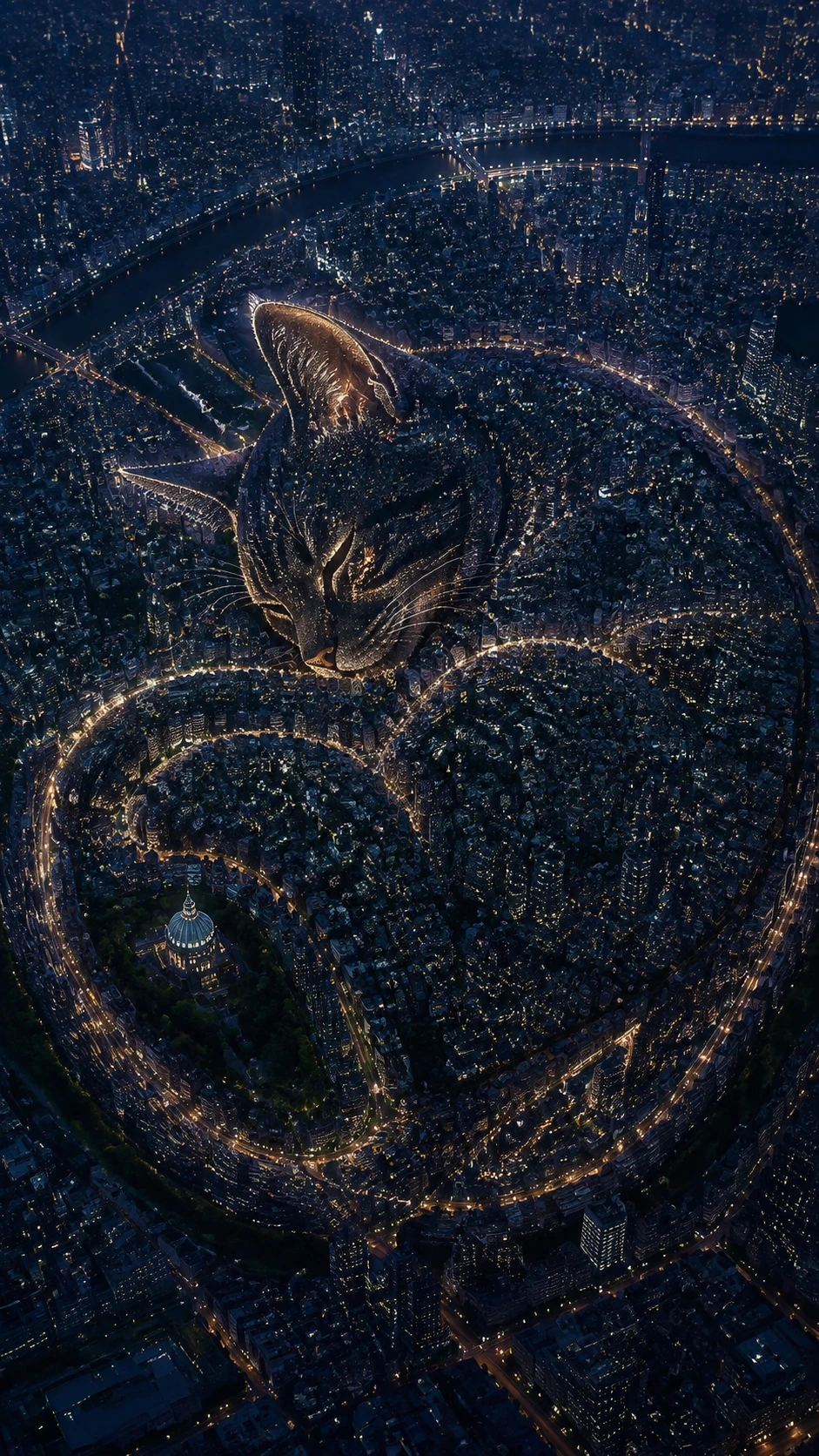 Vue aérienne nocturne de la ville dessinant le profil subtil d’un chat endormi