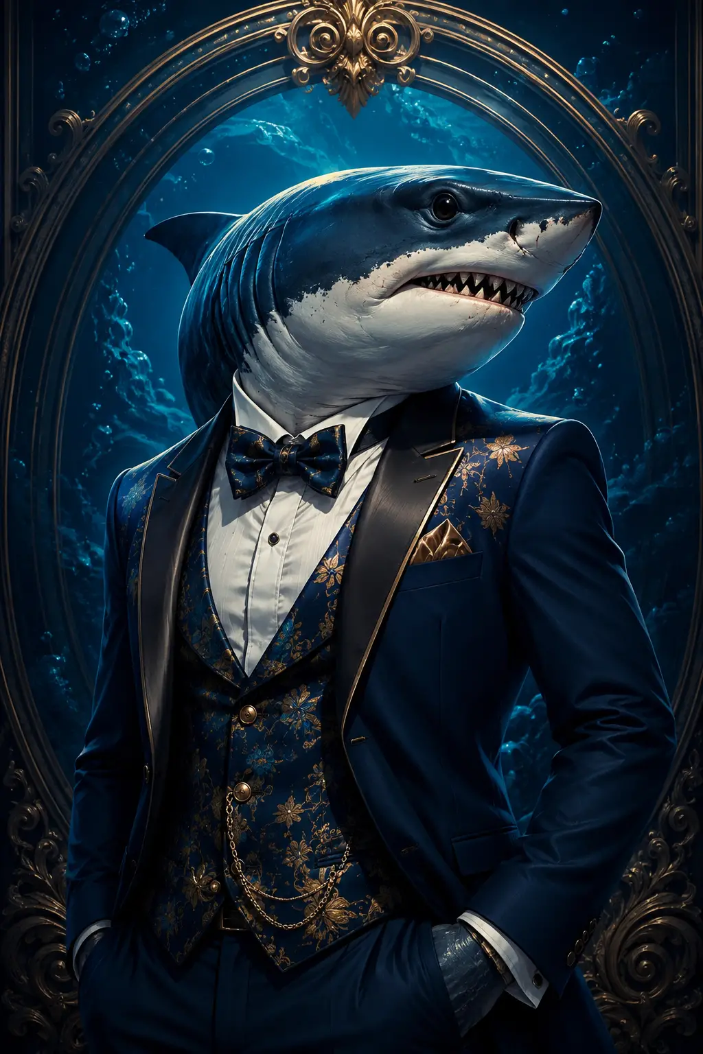 側身望向一旁的禮服奇幻鯊魚