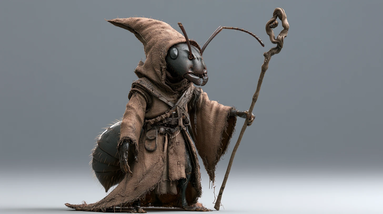 Sorcier humanoïde fourmi sage tenant un bâton en 3D