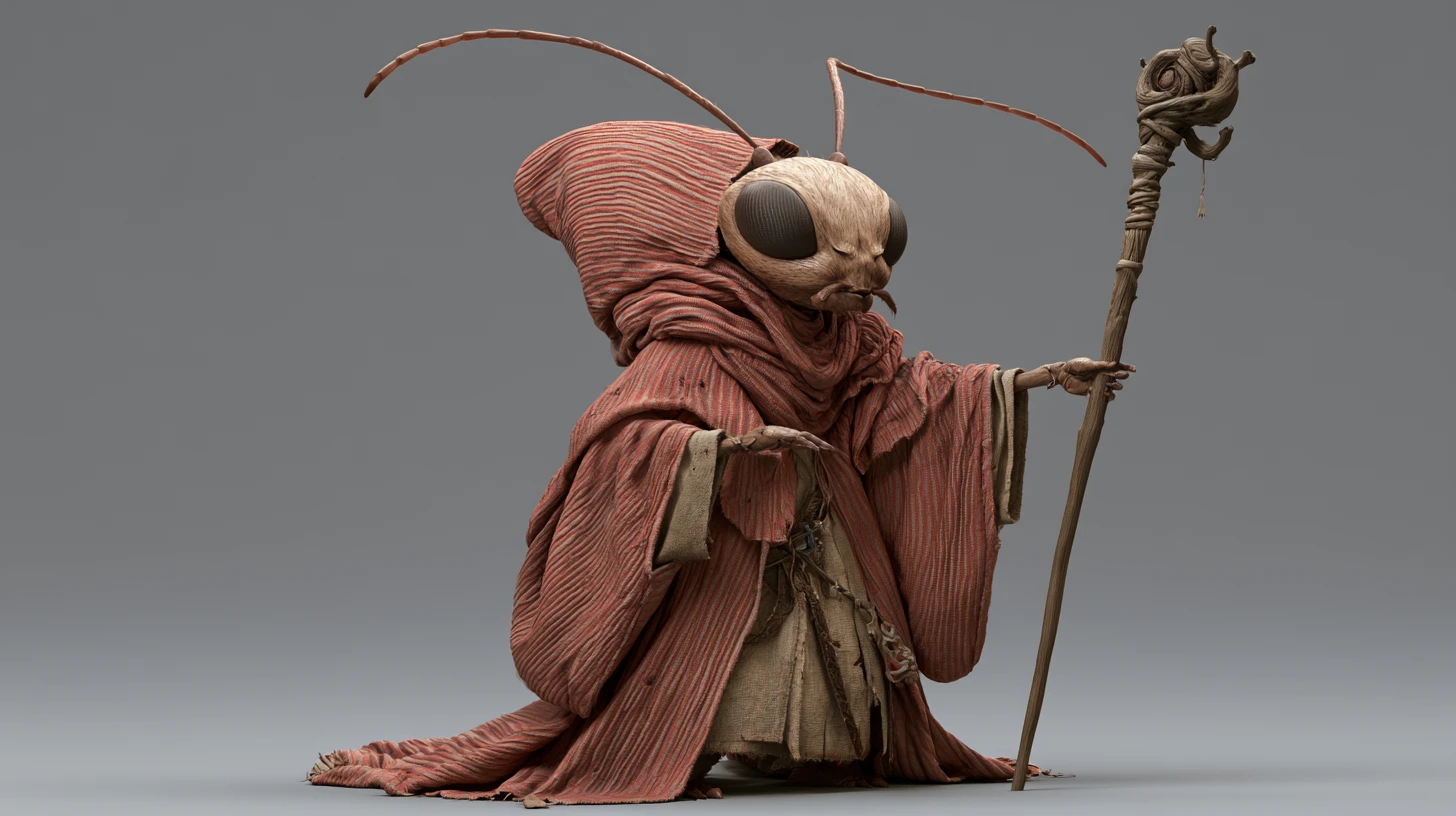 Sage magicien fourmi humanoïde tenant un bâton en style 3D