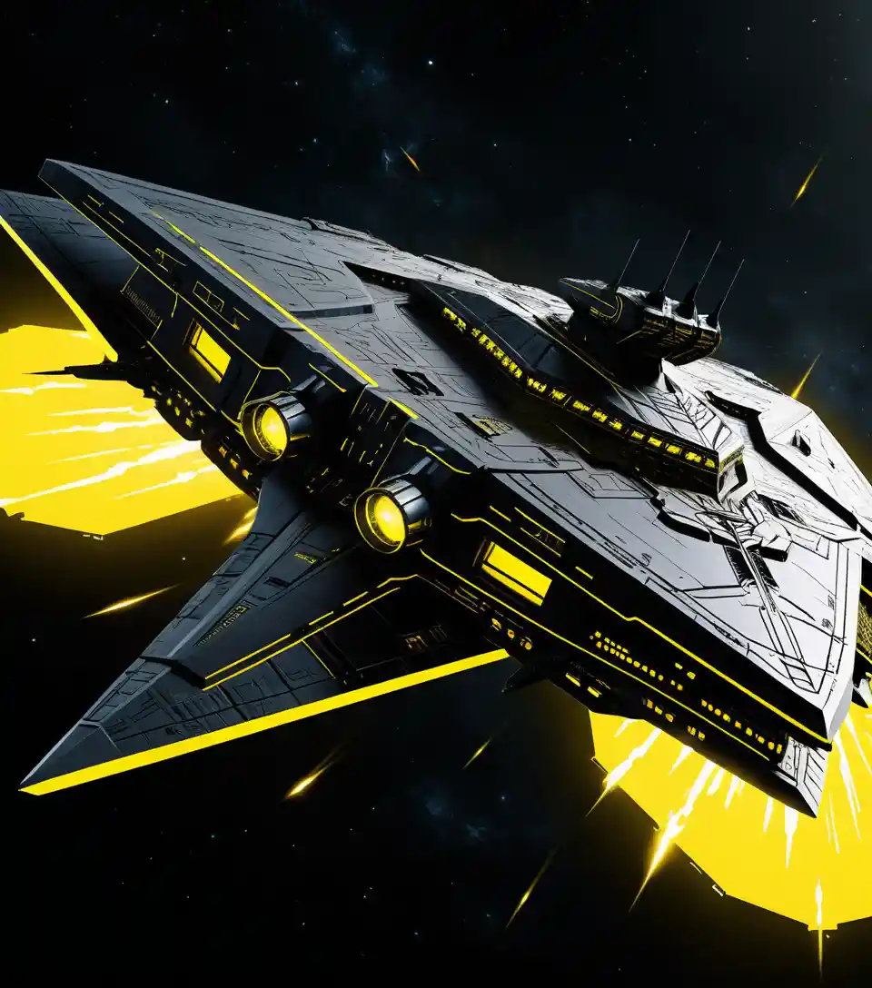 Enorme nave estelar sci‑fi de frente em um espaço amarelo brilhante