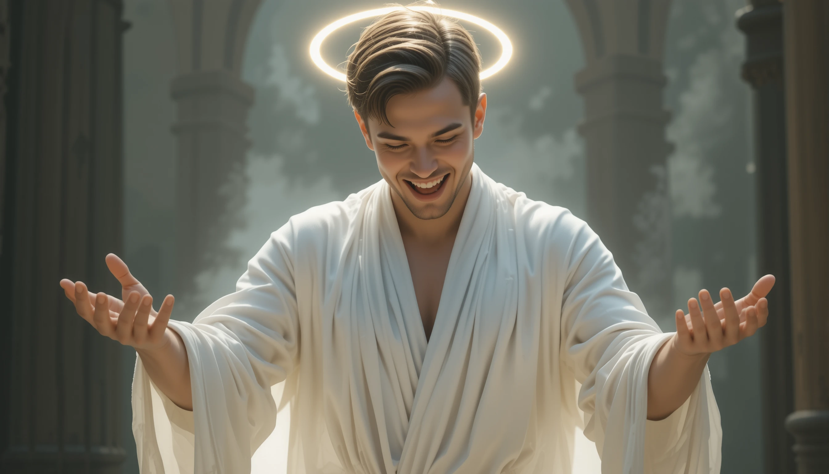 白いローブを着た若い男性が柔らかなシネマティックライトの中で微笑む