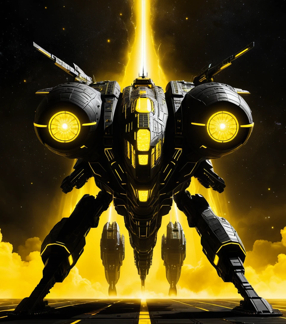 Colossal Futuristic Warship Facing Forward In Neon Space