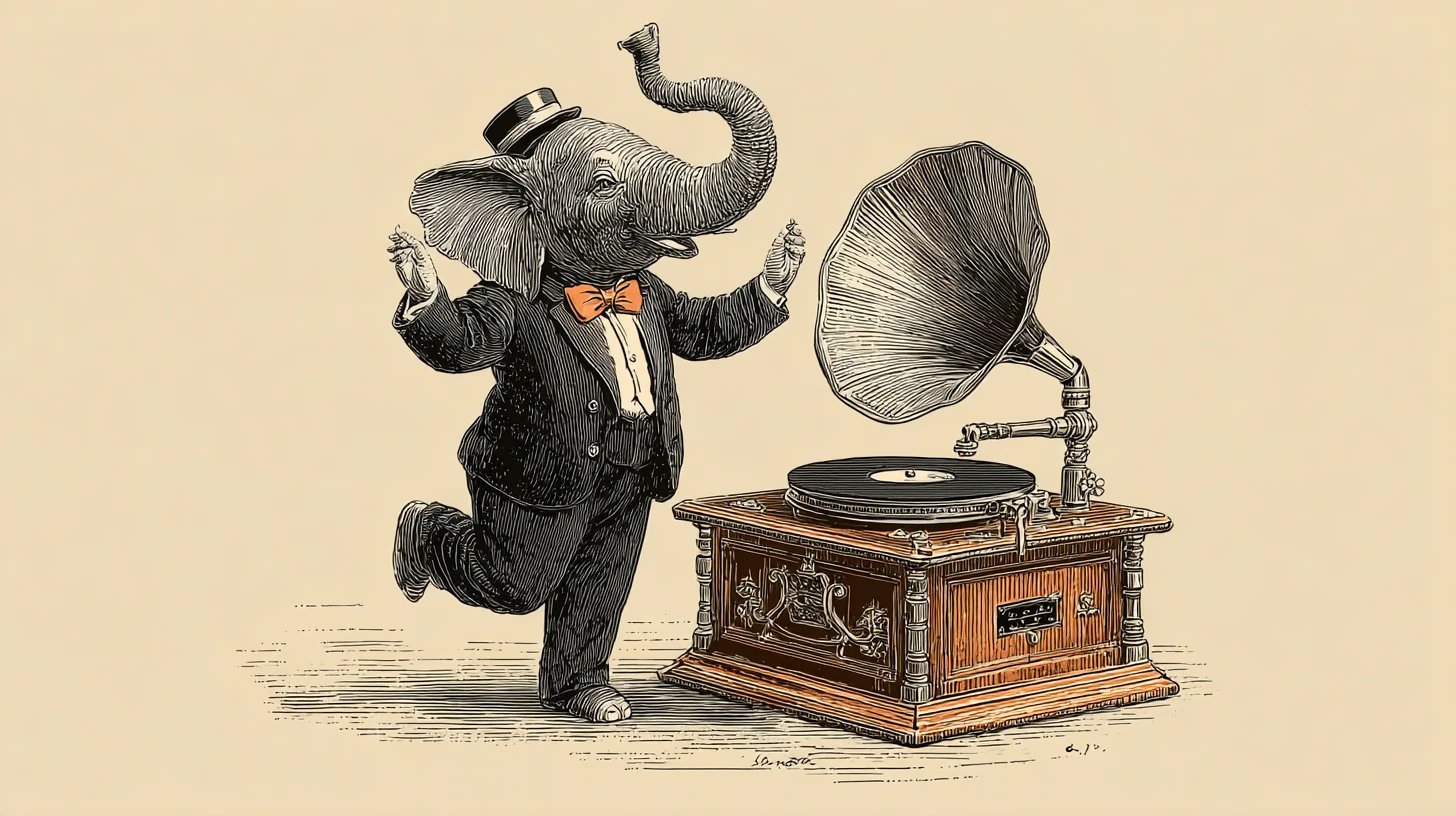 Elefante caricatura de tutu dançando em disco de gramofone vintage