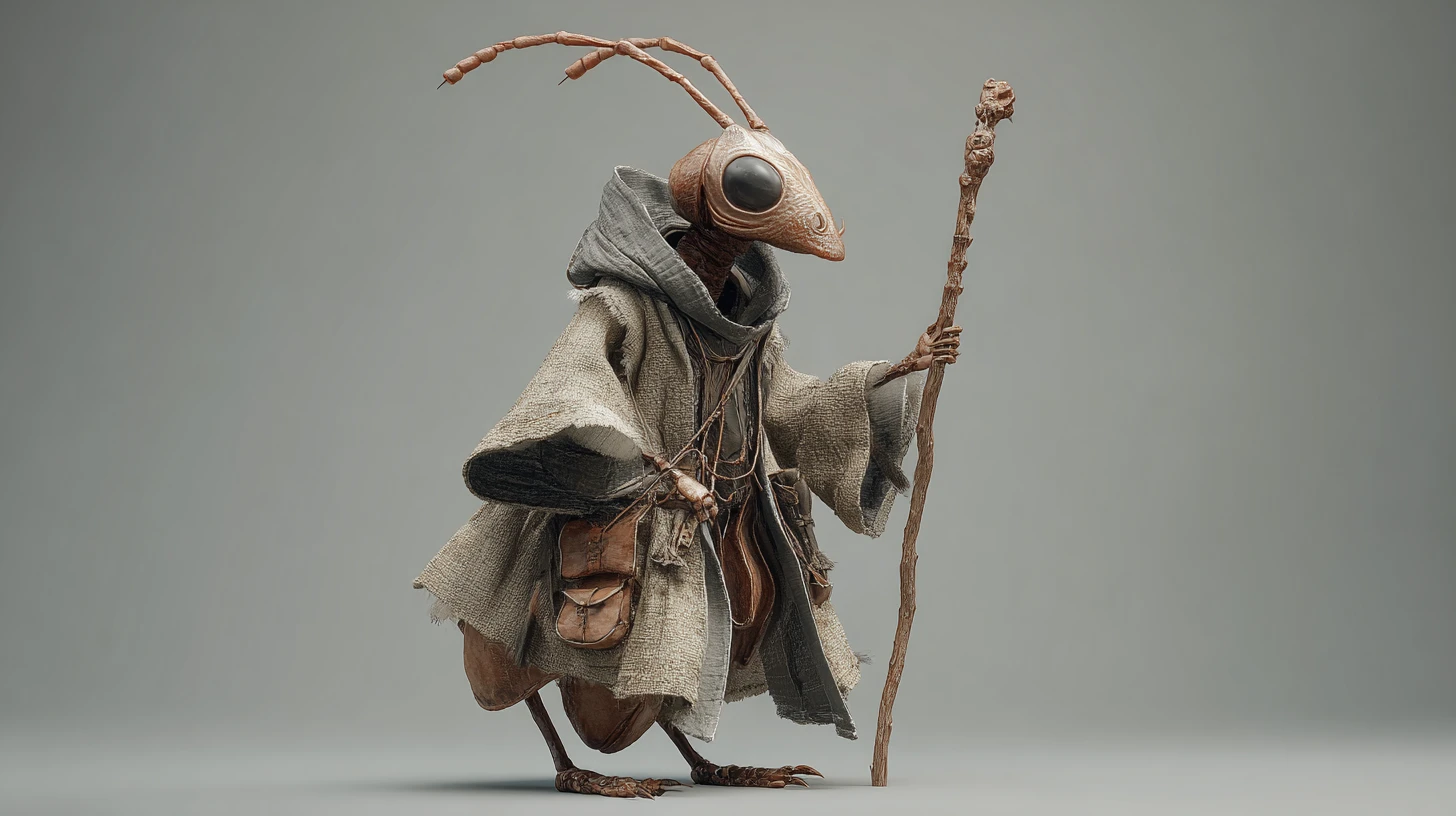 Sorcier humanoïde fourmi 3D tenant un bâton sur fond gris