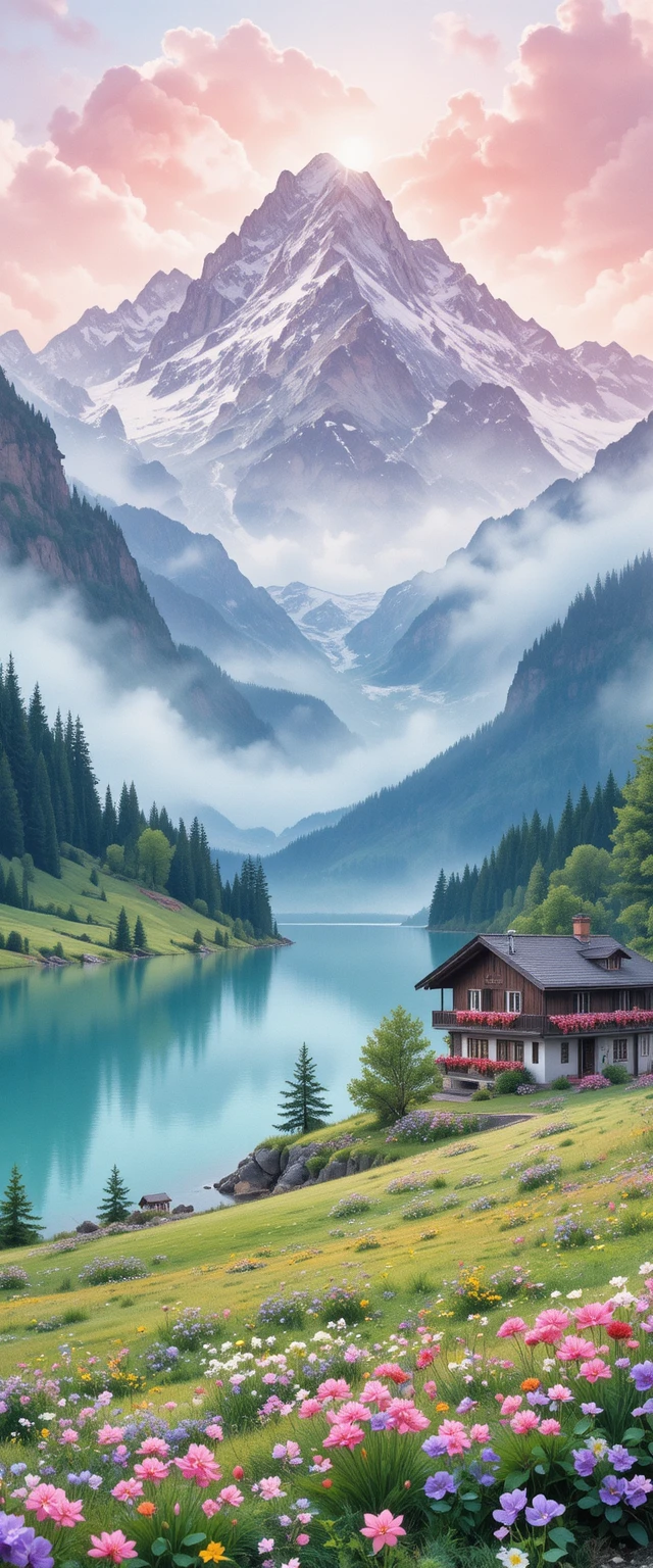 Stiller Alpensee mit Chalet in sanften Frühlingsaquarellen