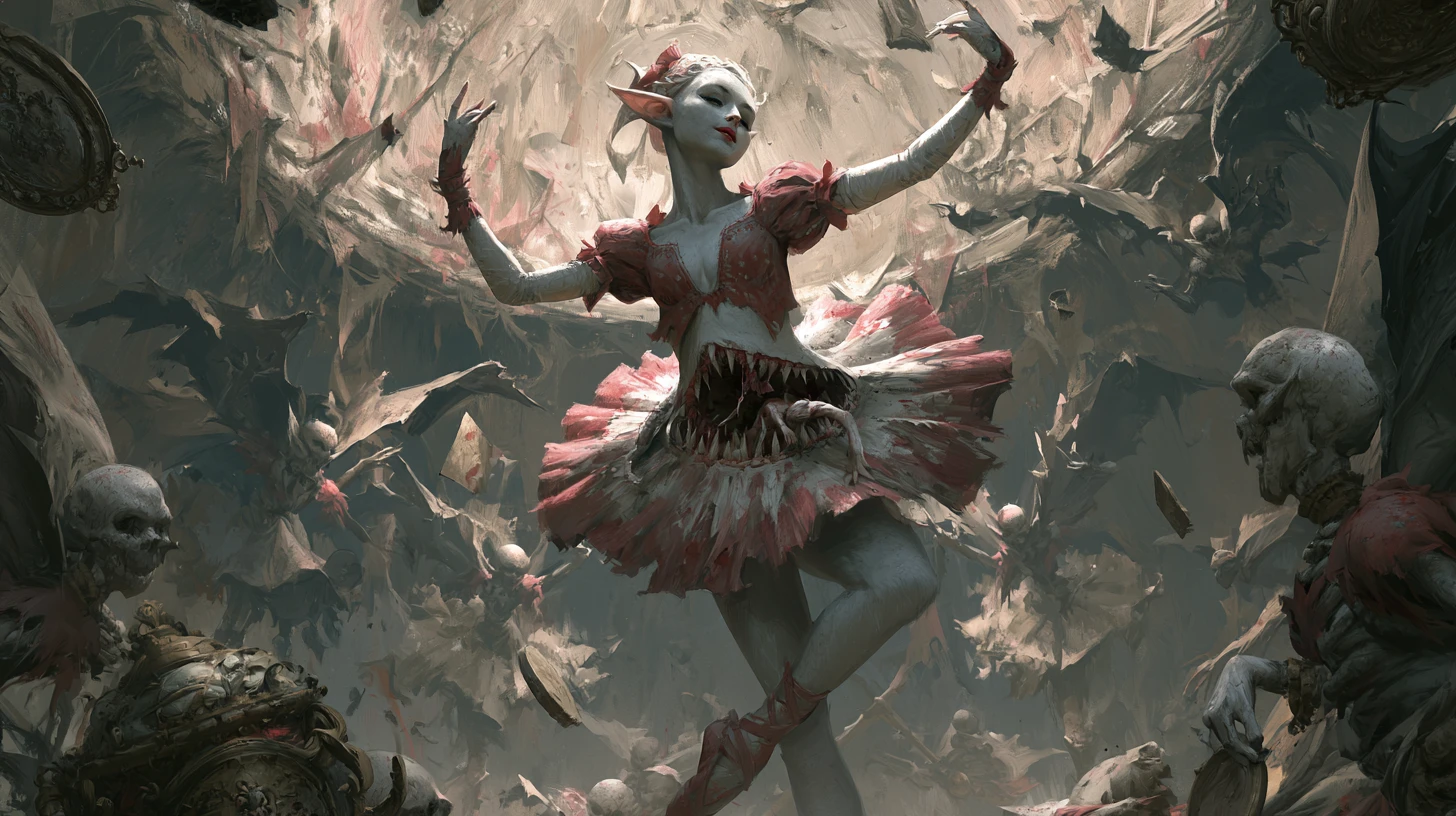 Bailarina feérica con monstruosa boca en el estómago en escena de fantasía oscura