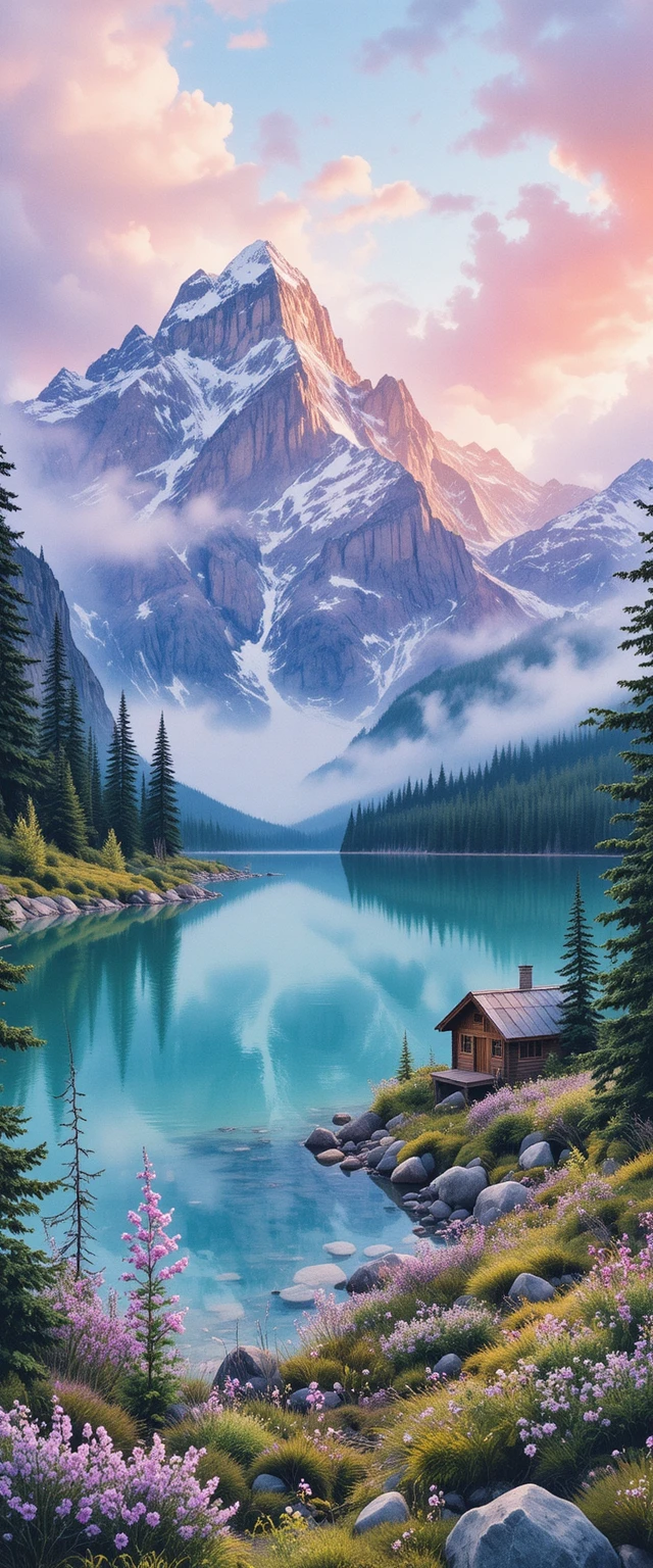 Aquarell-Sonnenaufgang über verschneiten kanadischen Rocky Mountains und türkisfarbenem See