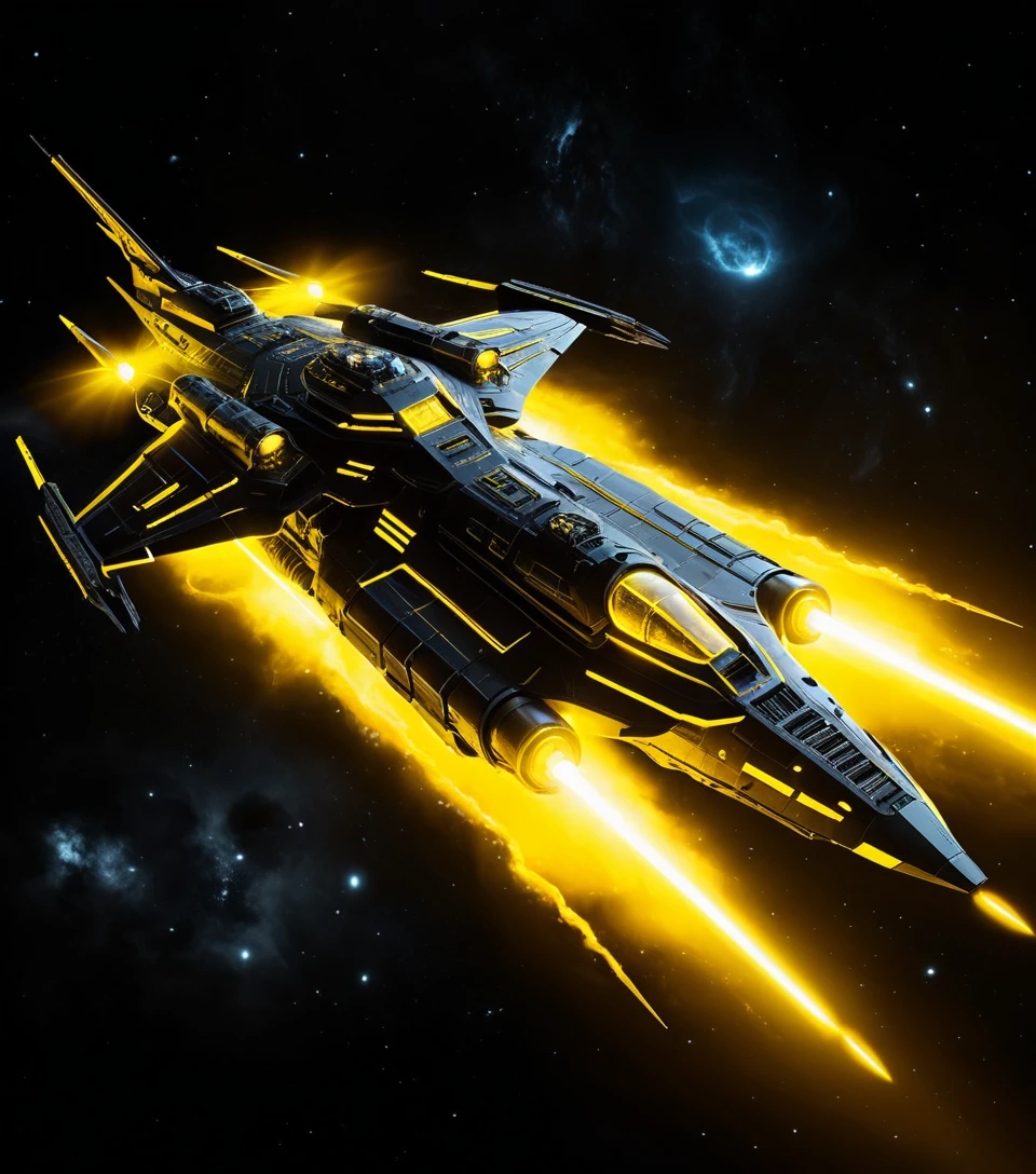 Massiccia fregata sci-fi con luci al neon in una tempesta cosmica