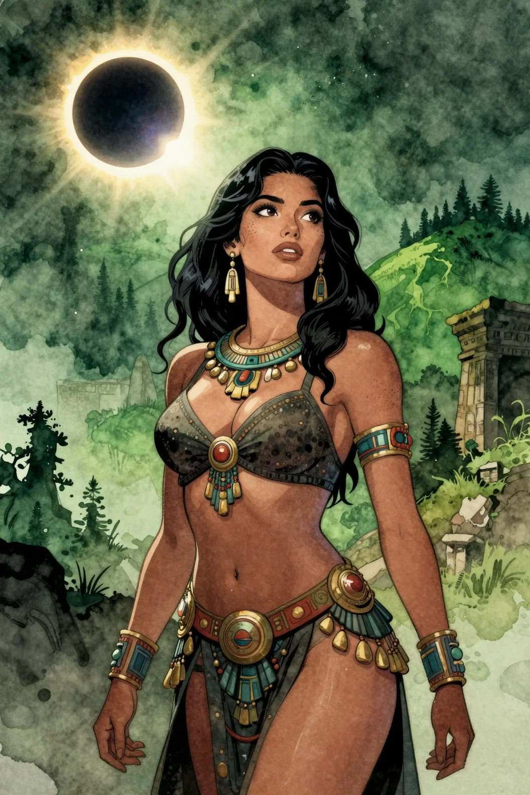 Mulher fantástica diante de eclipse e ruínas antigas distantes