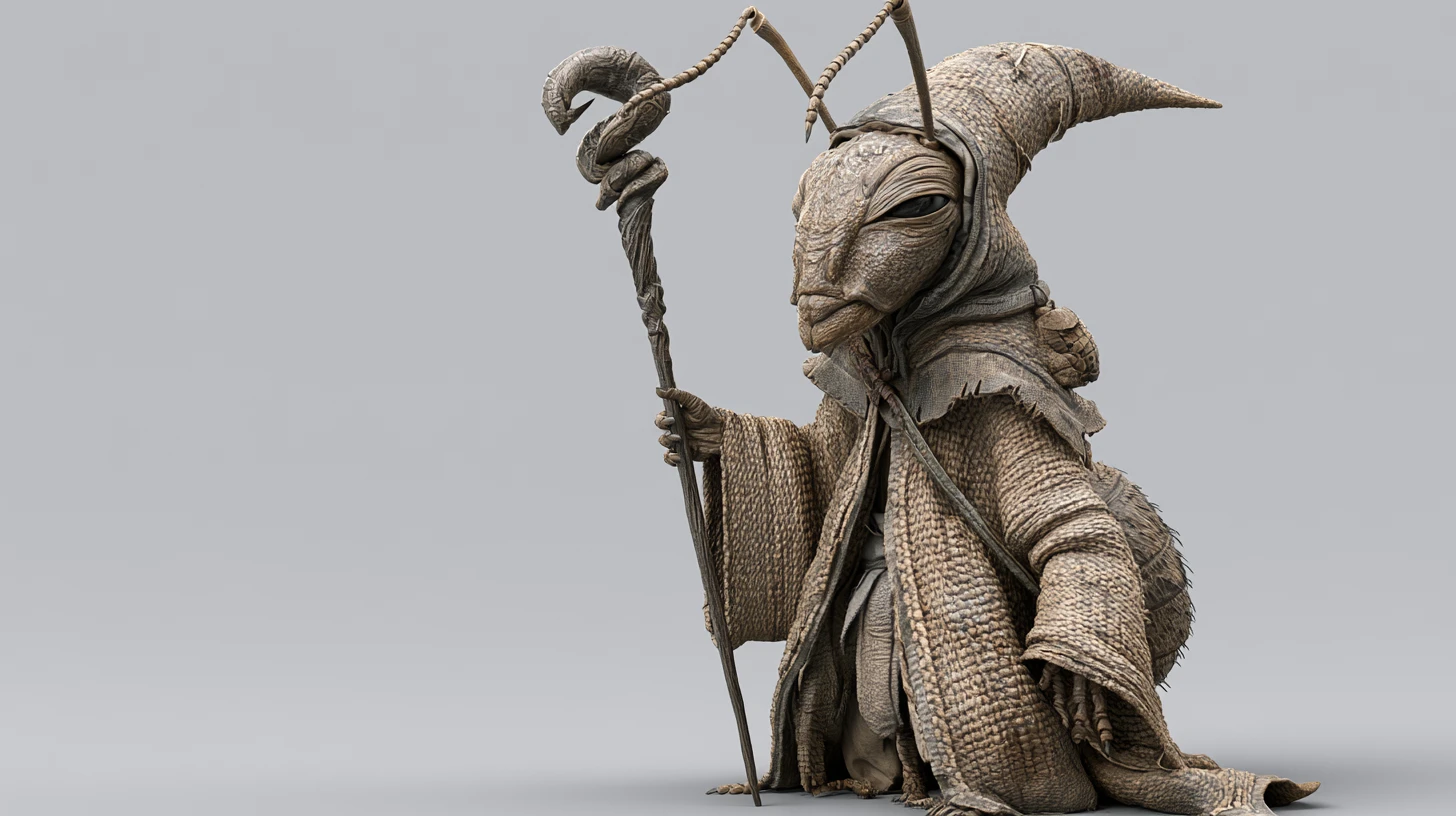 Sorcier humanoïde fourmi sage tenant un bâton en style 3D
