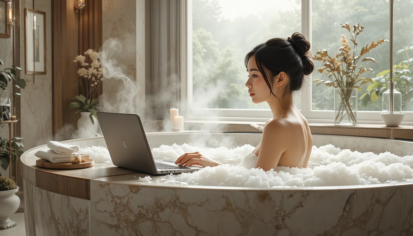 Young woman using laptop in a modern bubble bath