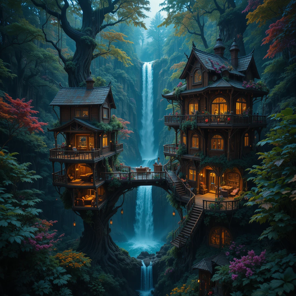 Verspielte Vogelperspektive auf ein fantastisches Wald-Baumhaus