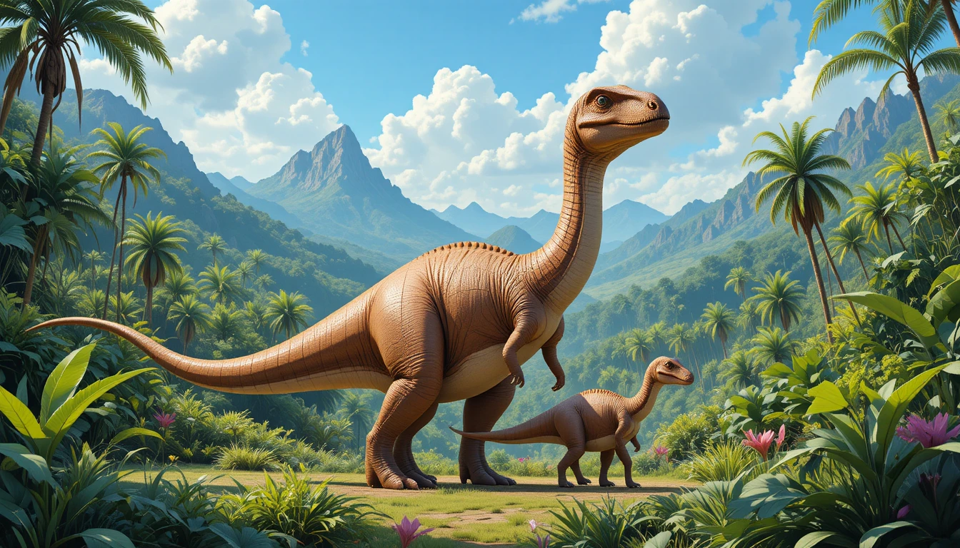 Dinossauros adultos e jovens caminhando em um vale pré-histórico exuberante