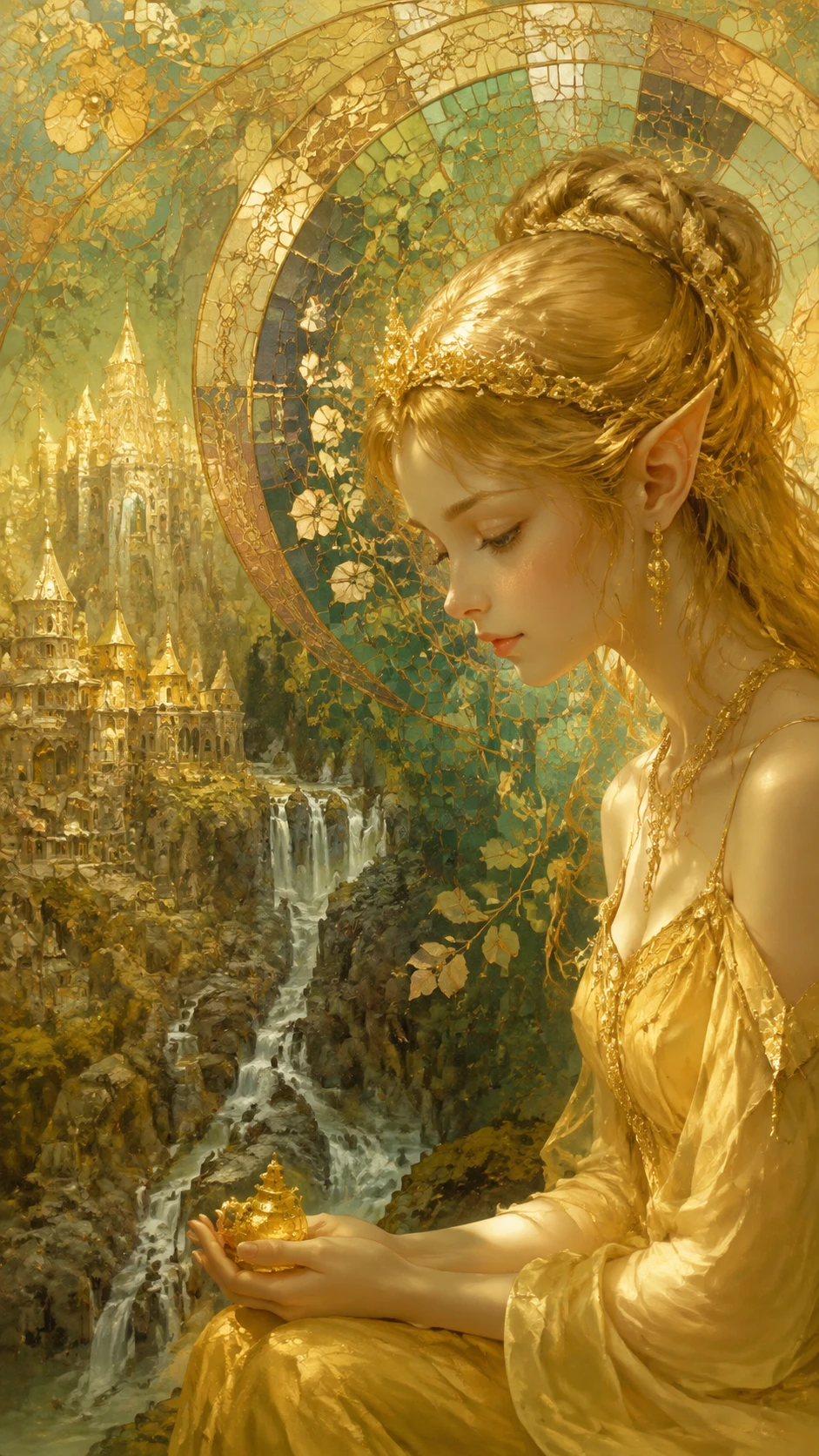 Primo piano di case dorate fantasy con cascata e mosaici