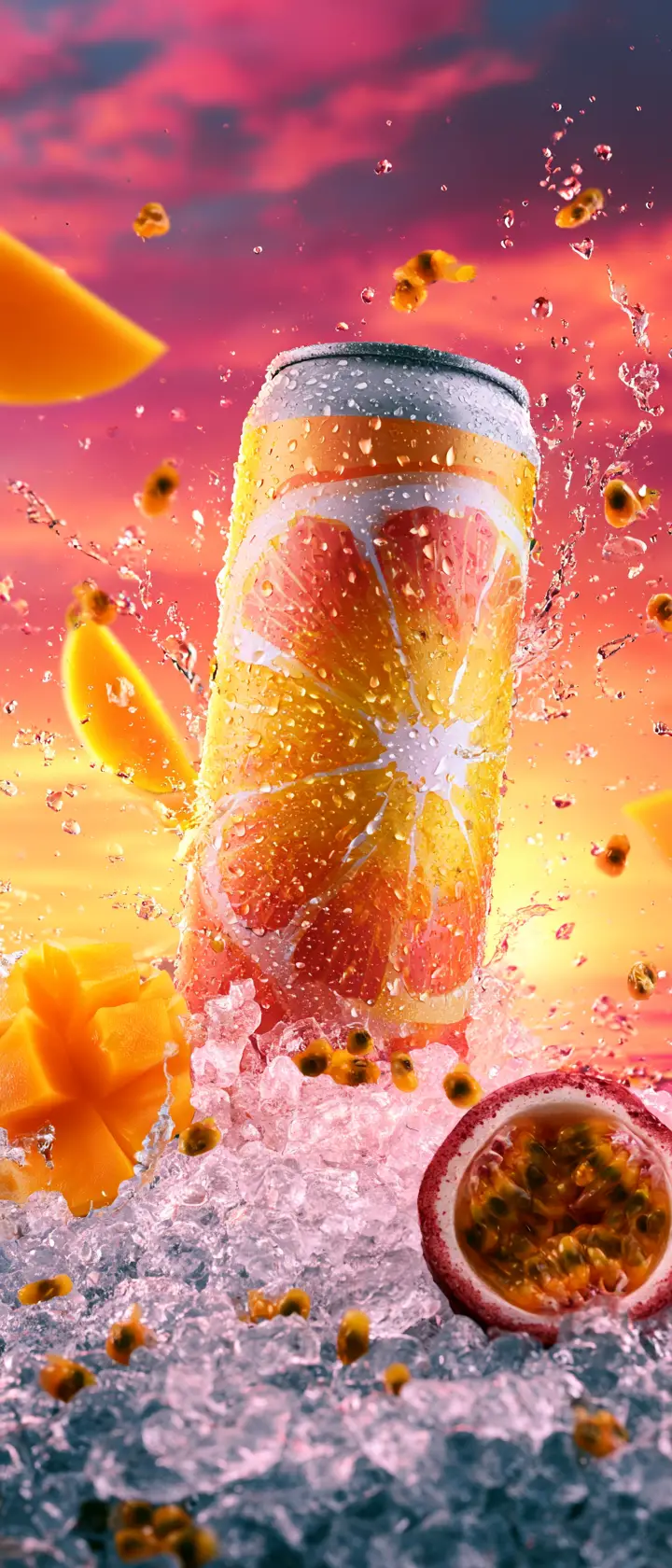 Lata de hard seltzer tropical estallando desde el hielo picado al atardecer