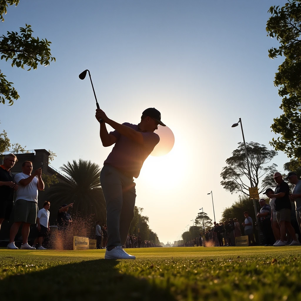 Competição de golfe de rua urbana sob um eclipse solar dramático
