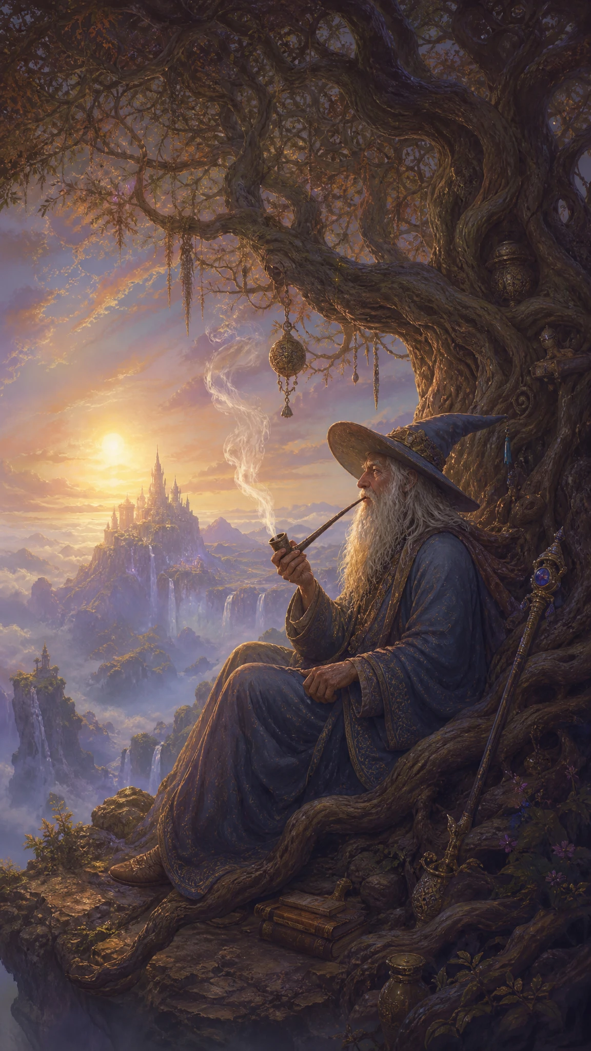 Velho mago sob uma árvore ancestral ao amanhecer com fumaça de cachimbo