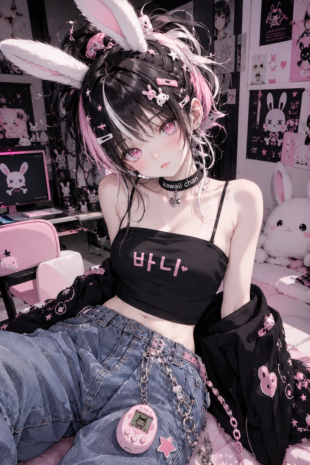 Adorável garota coelhinha de anime com cabelo em tons pastéis e jeans largos