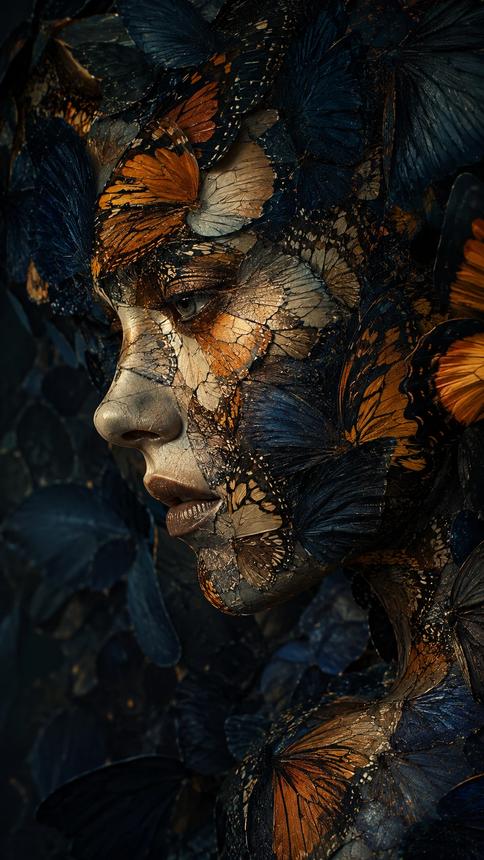 Retrato feminino surreal feito de asas de borboleta sobrepostas