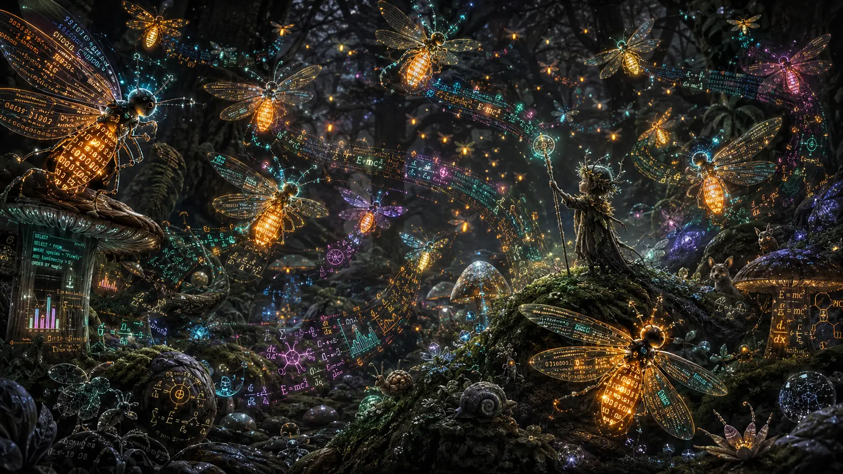 Tiny forest sprite conducting luminous data fireflies