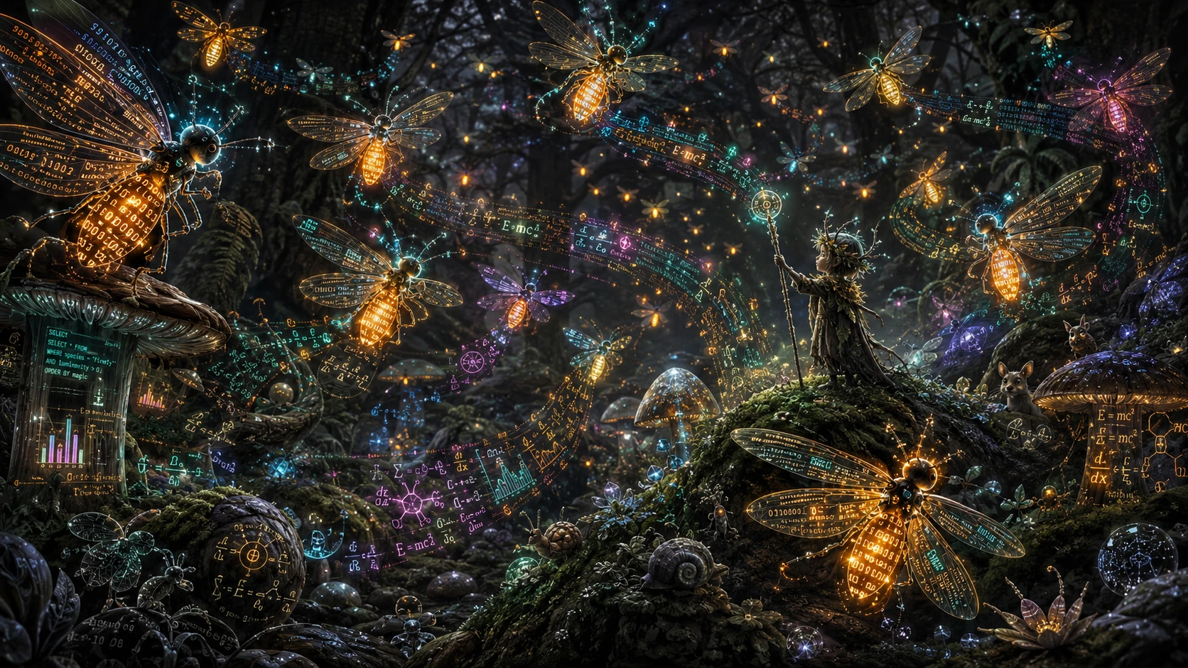 Minuscule esprit de la forêt dirigeant des lucioles de données lumineuses